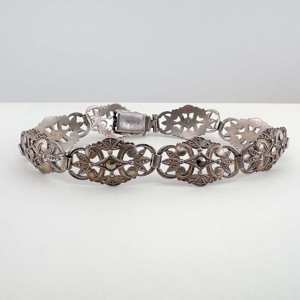 Antique German 835 Silver Marcasite Panel Bracelet Art Nouveau Crescent Crown 7”